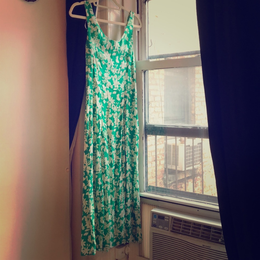 Crepe green sundress with white flower print